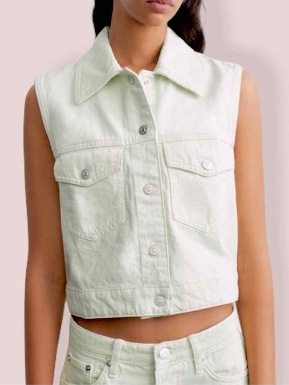 Zara Cropped Sleeveless Denim Vest in‎ Light Green